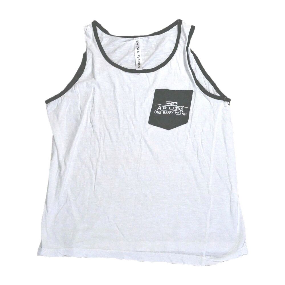 mens graphic beach resort sleeveless shirt s white black trim chest pocket top